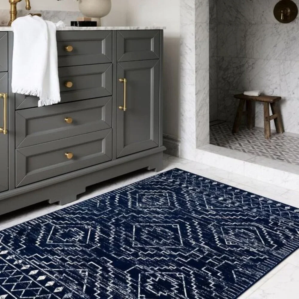 New 3x5 Blue Moroccan Rug, Washable Non-Slip Geometric Carpet for Entry & Home